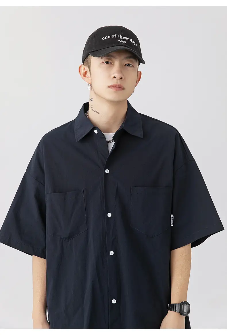 Men Black Flap Pocket Shirt Short Sleeve Spring Summer Loose — feature 16