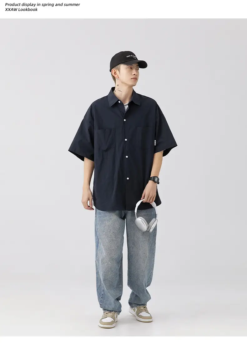 Men Black Flap Pocket Shirt Short Sleeve Spring Summer Loose — feature 17