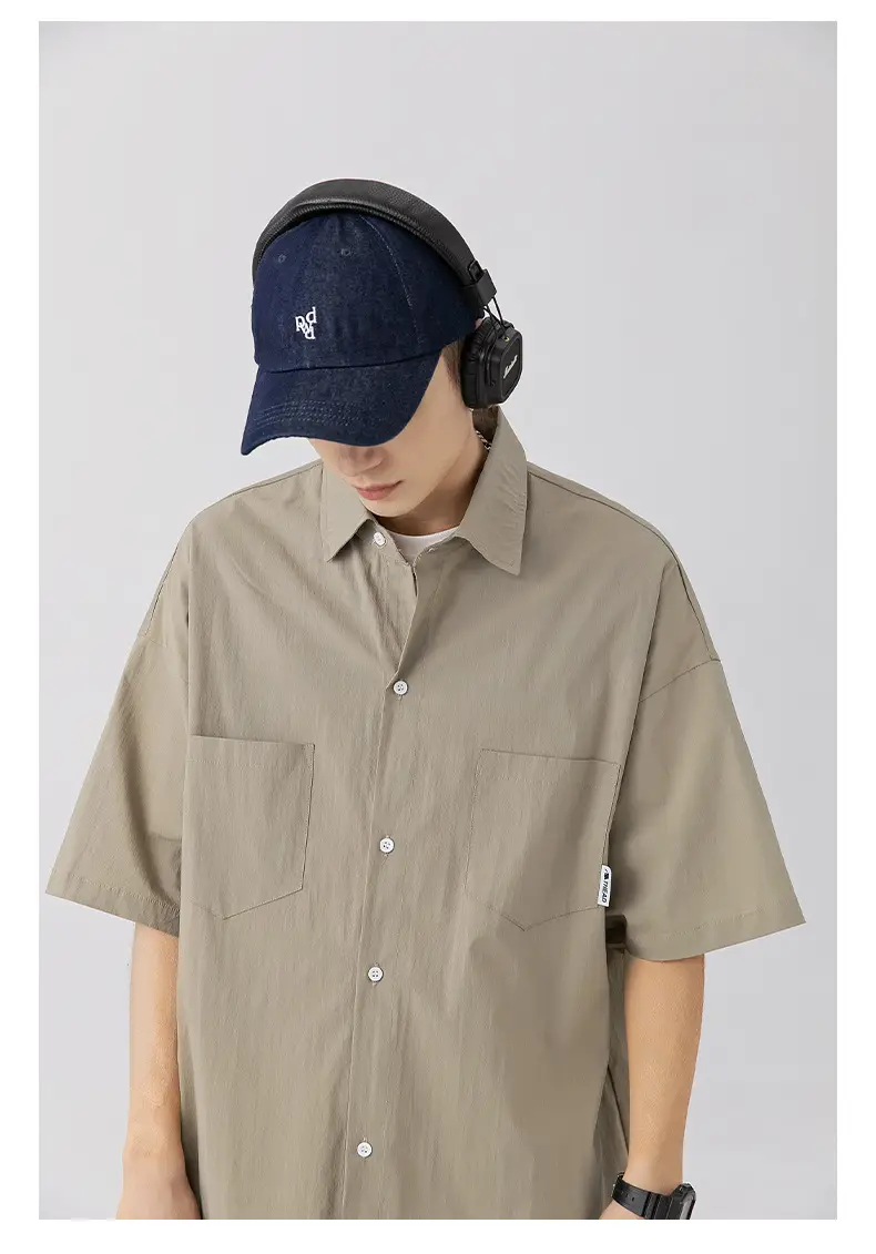 Men Black Flap Pocket Shirt Short Sleeve Spring Summer Loose — feature 18