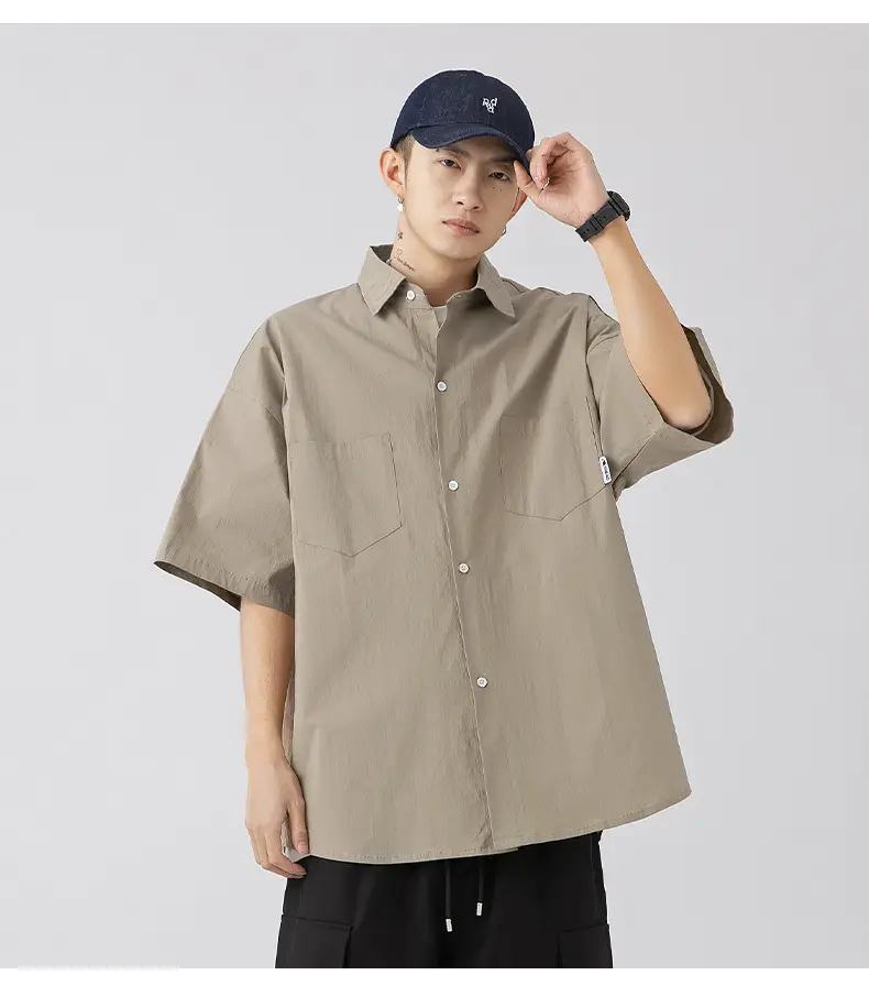 Men Black Flap Pocket Shirt Short Sleeve Spring Summer Loose — feature 19