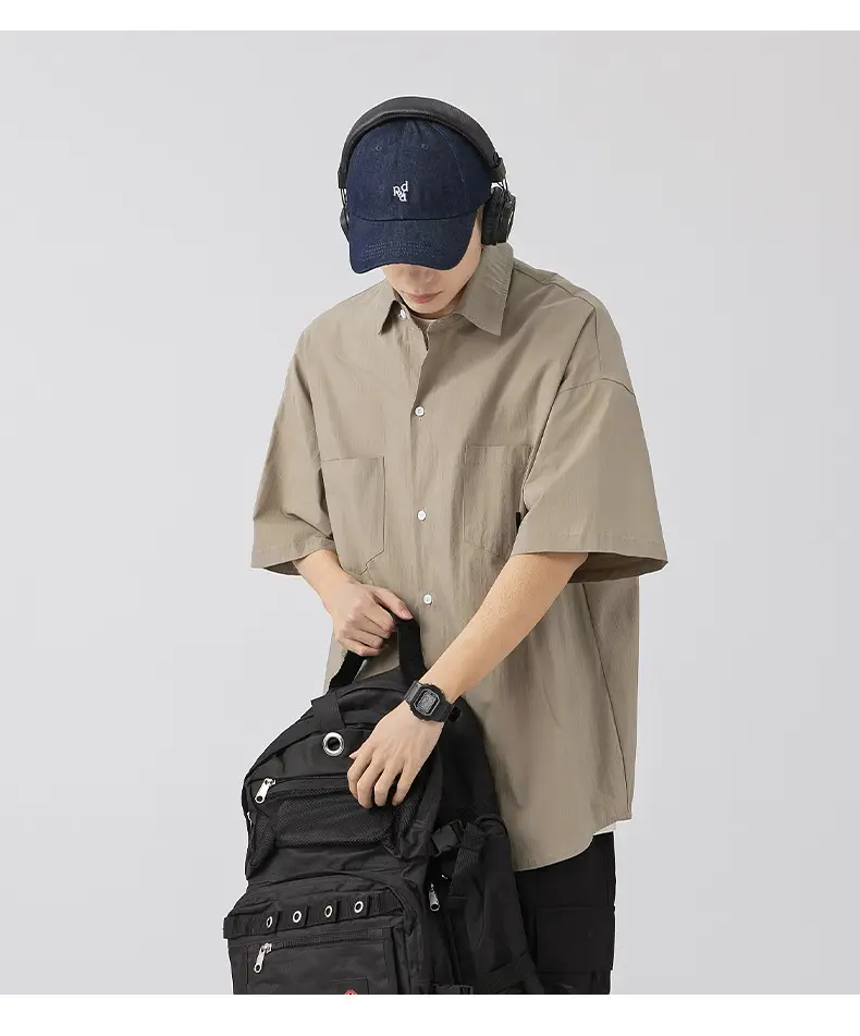 Men Black Flap Pocket Shirt Short Sleeve Spring Summer Loose — feature 21