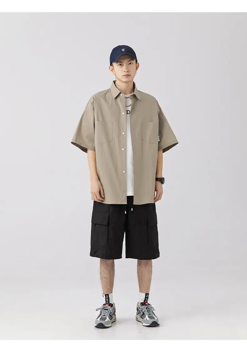 Men Black Flap Pocket Shirt Short Sleeve Spring Summer Loose — feature 23