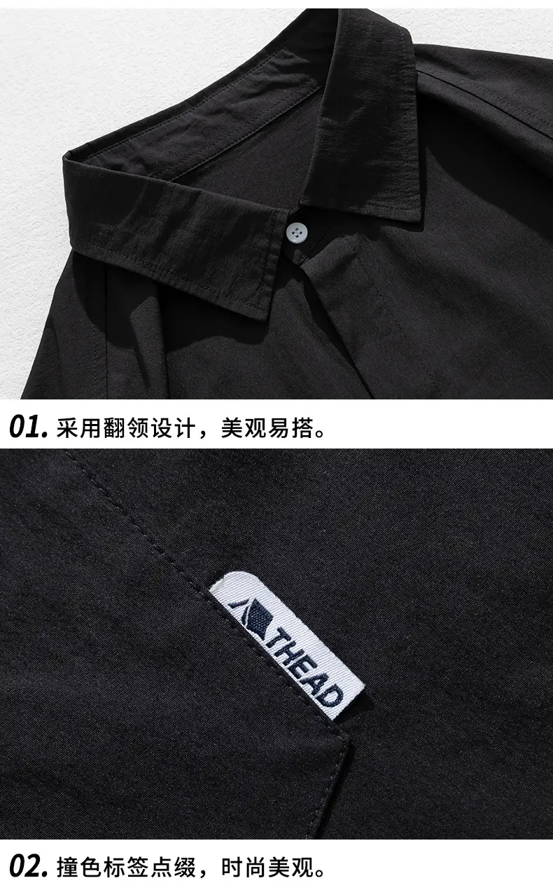Men Black Flap Pocket Shirt Short Sleeve Spring Summer Loose — feature 25