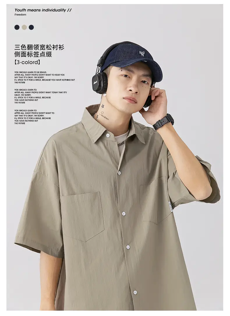 Men Black Flap Pocket Shirt Short Sleeve Spring Summer Loose — feature 3