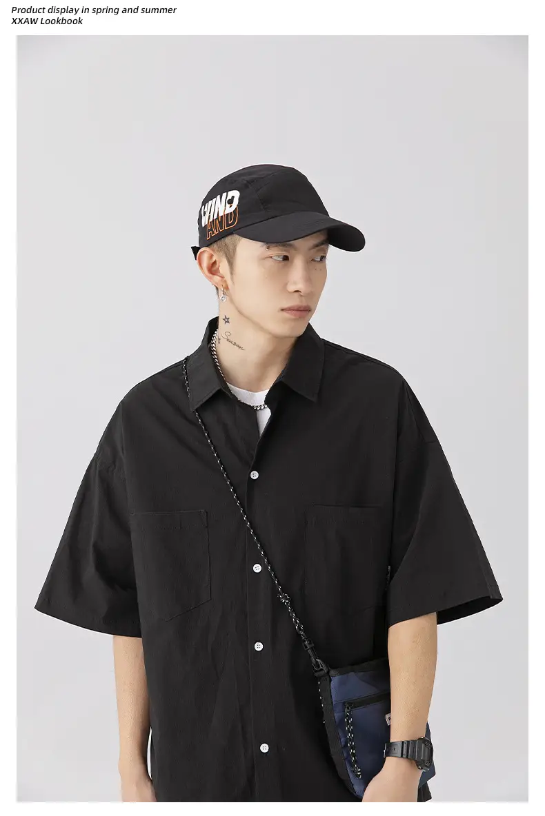 Men Black Flap Pocket Shirt Short Sleeve Spring Summer Loose — feature 8
