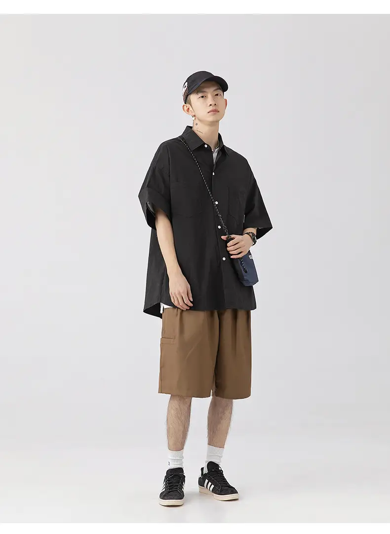 Men Black Flap Pocket Shirt Short Sleeve Spring Summer Loose — feature 9