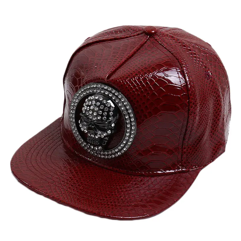 Maroon PU Baseball Cap with Skull Head Design - Image 13