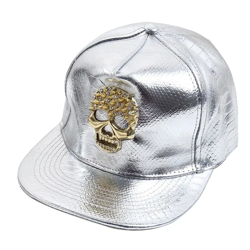 Maroon PU Baseball Cap with Skull Head Design - Image 2