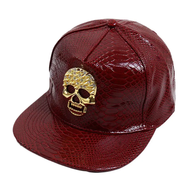 Maroon PU Baseball Cap with Skull Head Design - Image 3