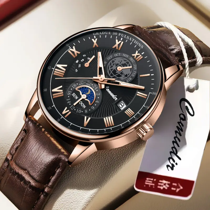 Men's Swiss Quartz Watch with Roman Numeral & Leather Strap - Image 2
