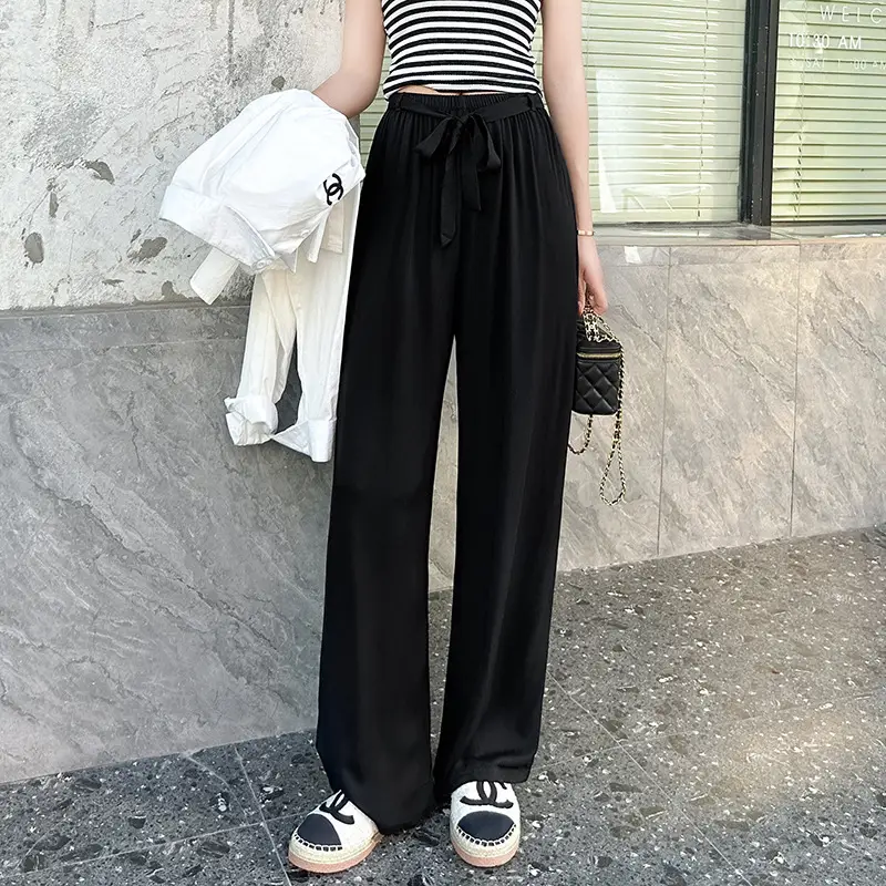 Women Cotton Silk Wide Leg Pants Green Large - Image 6