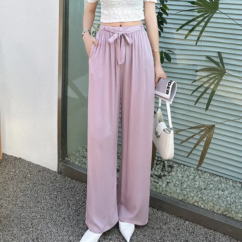 Women Cotton Silk Wide Leg Pants Green Large - Image 7