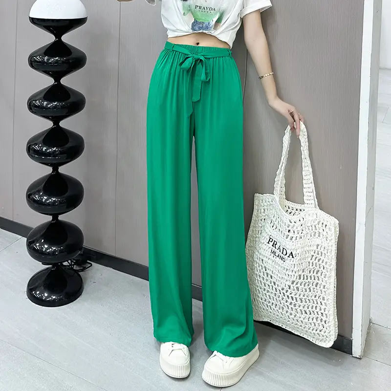 Women Cotton Silk Wide Leg Pants Green Large - Image 8