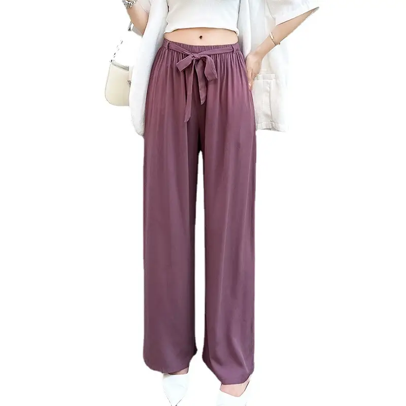 Women Cotton Silk Wide Leg Pants Green Large - Image 9