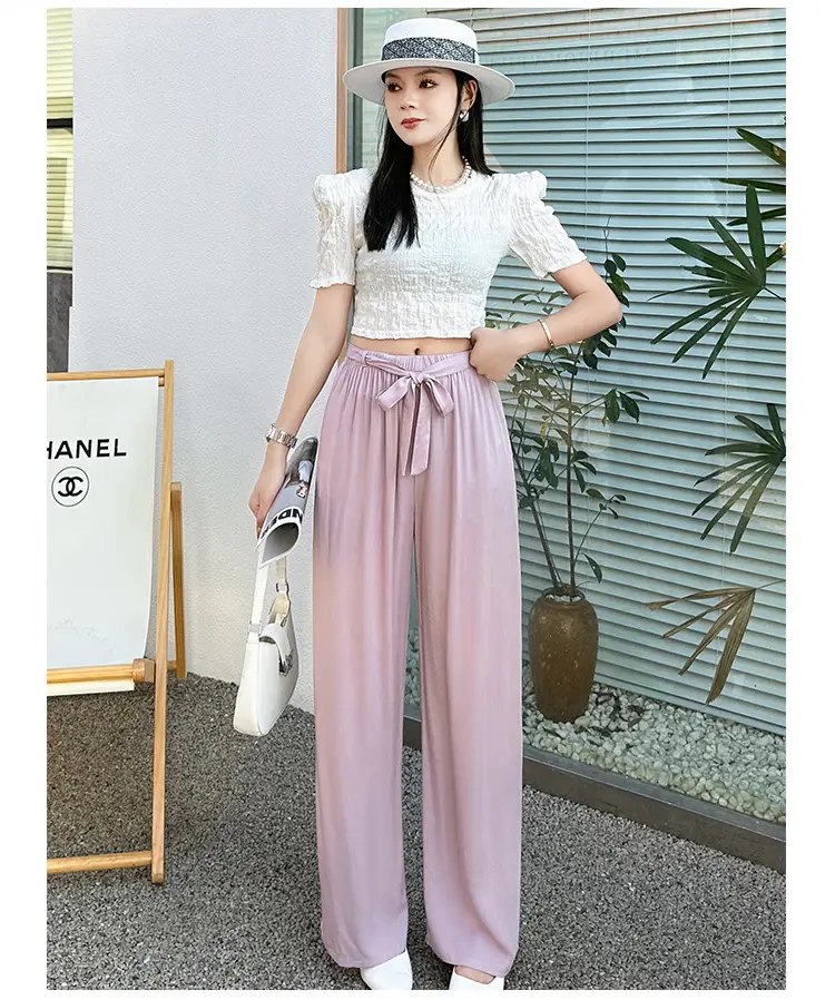 Women Cotton Silk Wide Leg Pants Green Large — feature 13