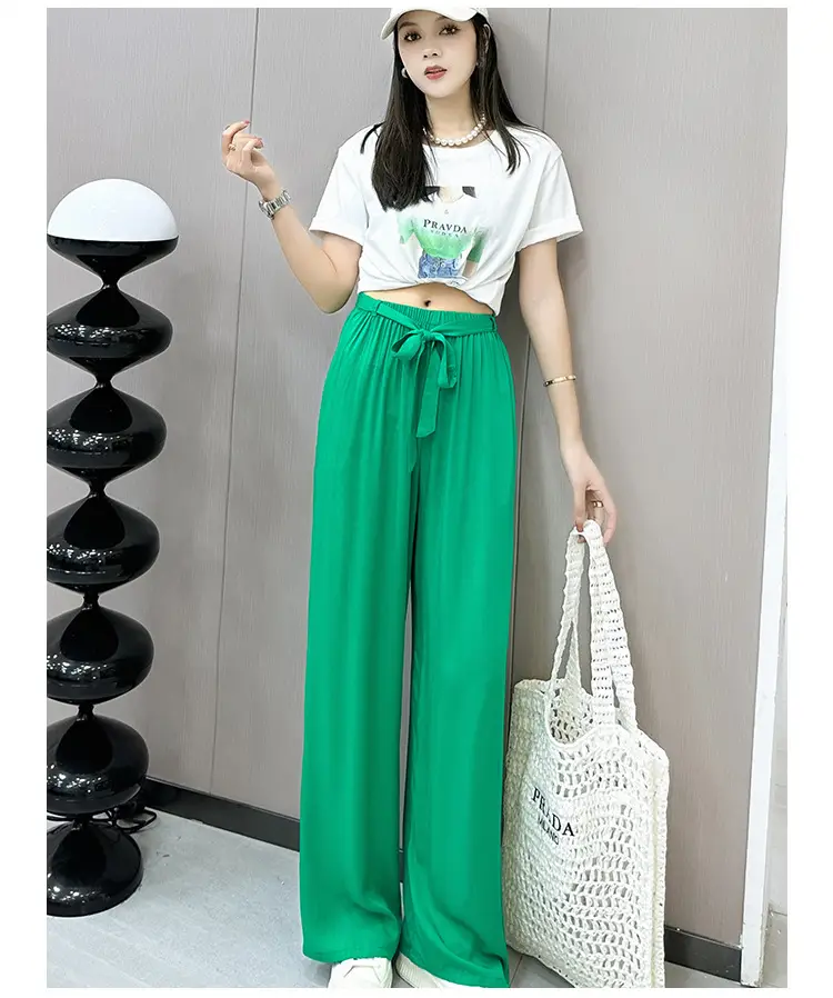 Women Cotton Silk Wide Leg Pants Green Large — feature 15