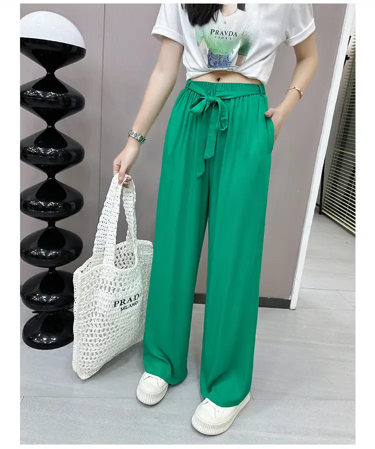 Women Cotton Silk Wide Leg Pants Green Large — feature 16
