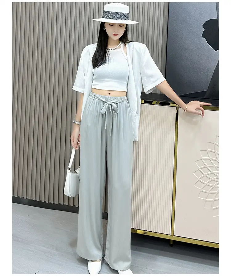 Women Cotton Silk Wide Leg Pants Green Large — feature 17