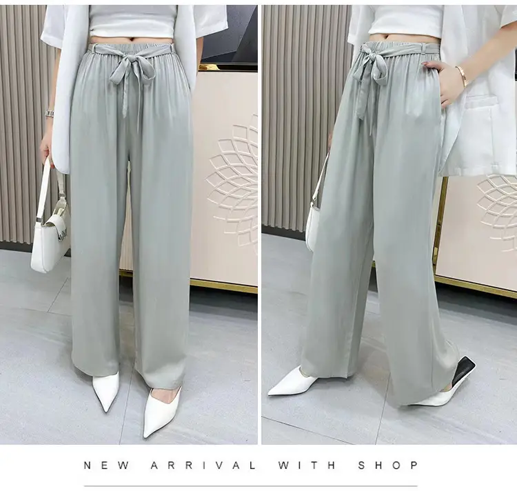 Women Cotton Silk Wide Leg Pants Green Large — feature 18
