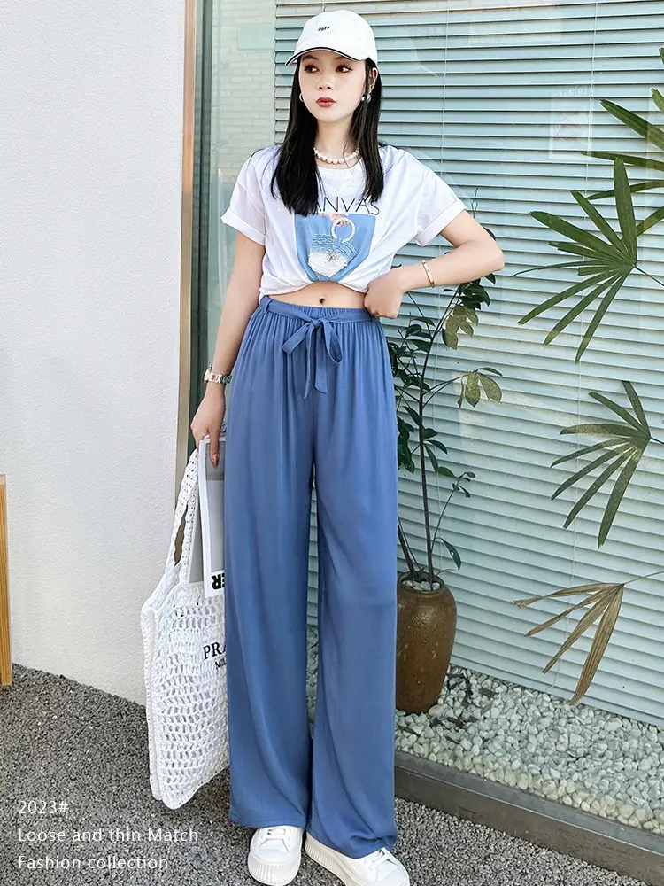 Women Cotton Silk Wide Leg Pants Green Large — feature 2