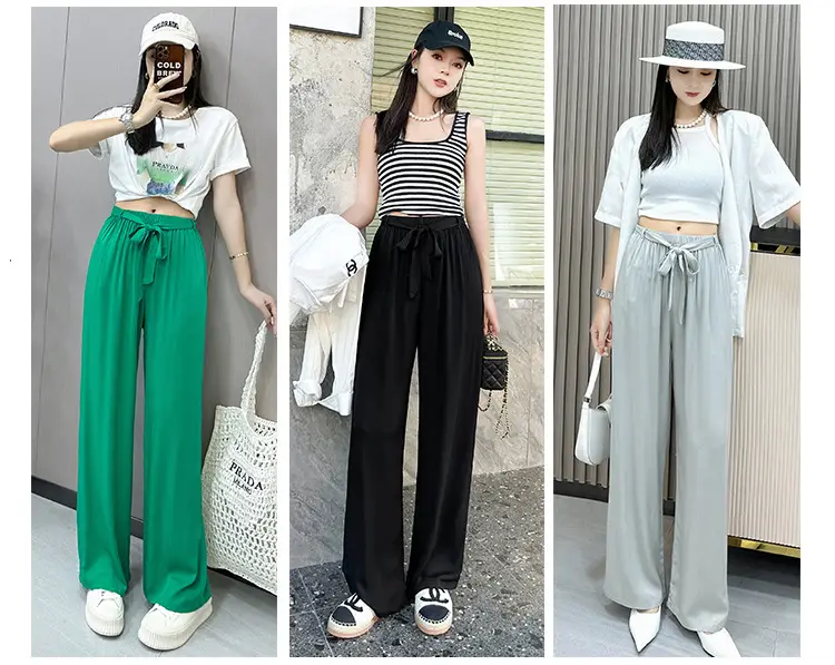 Women Cotton Silk Wide Leg Pants Green Large — feature 4