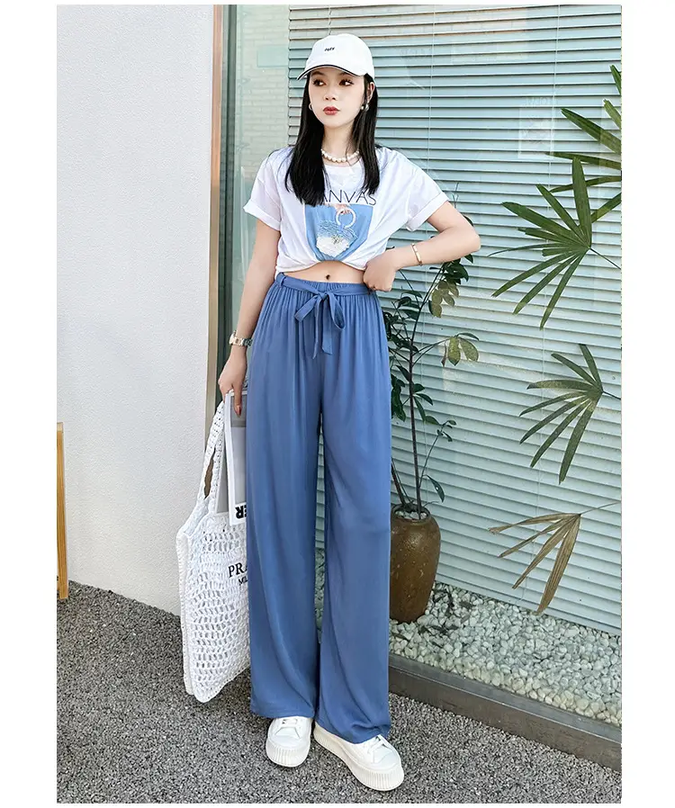 Women Cotton Silk Wide Leg Pants Green Large — feature 9