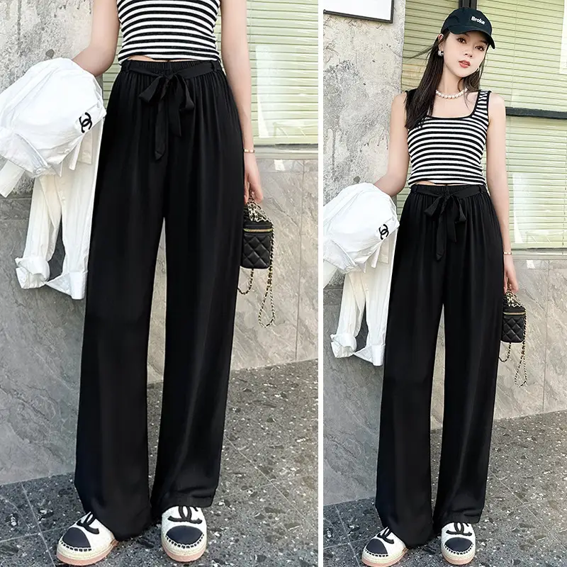 Women Cotton Silk Wide Leg Pants Green Large - Image 2