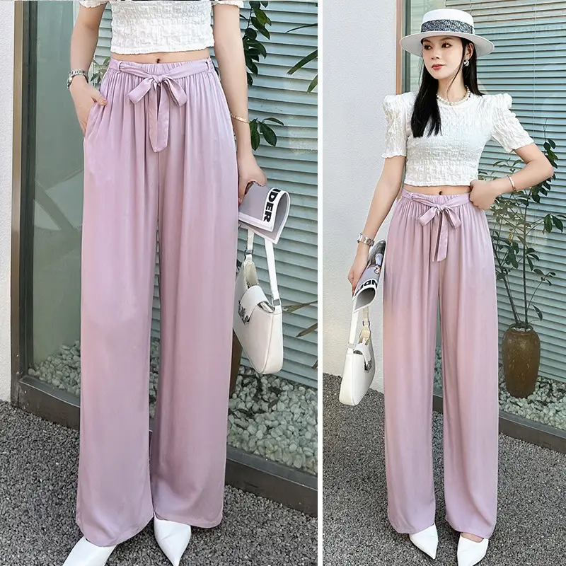 Women Cotton Silk Wide Leg Pants Green Large - Image 3
