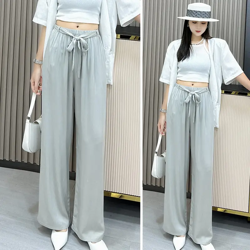 Women Cotton Silk Wide Leg Pants Green Large - Image 4