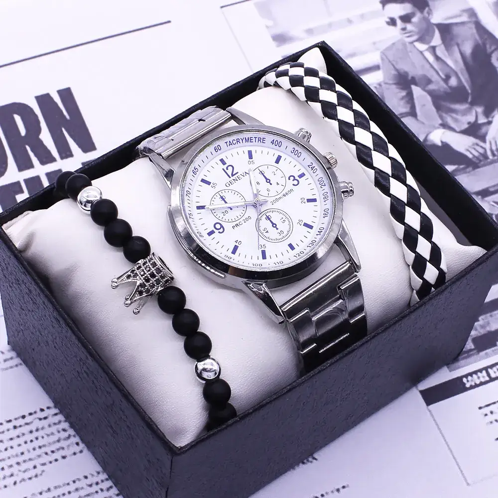 Men's 3-Eye Blue Light Watch with Bracelet Set - Image 2