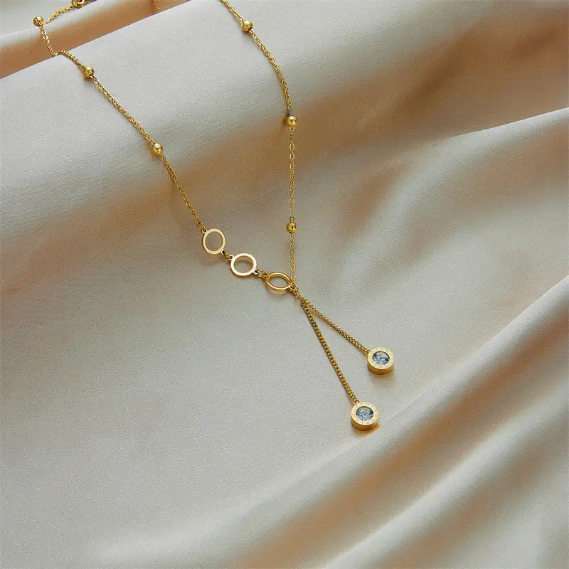 Golden Long Tassel Pendant Necklace with Diamond Embedded - Image 2