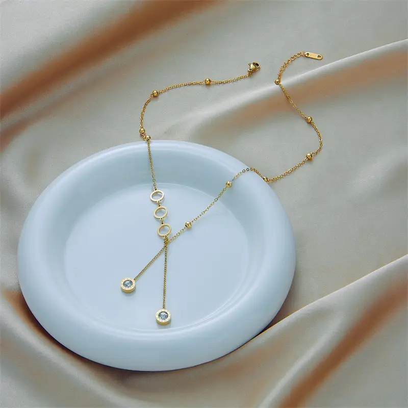 Golden Long Tassel Pendant Necklace with Diamond Embedded - Image 3