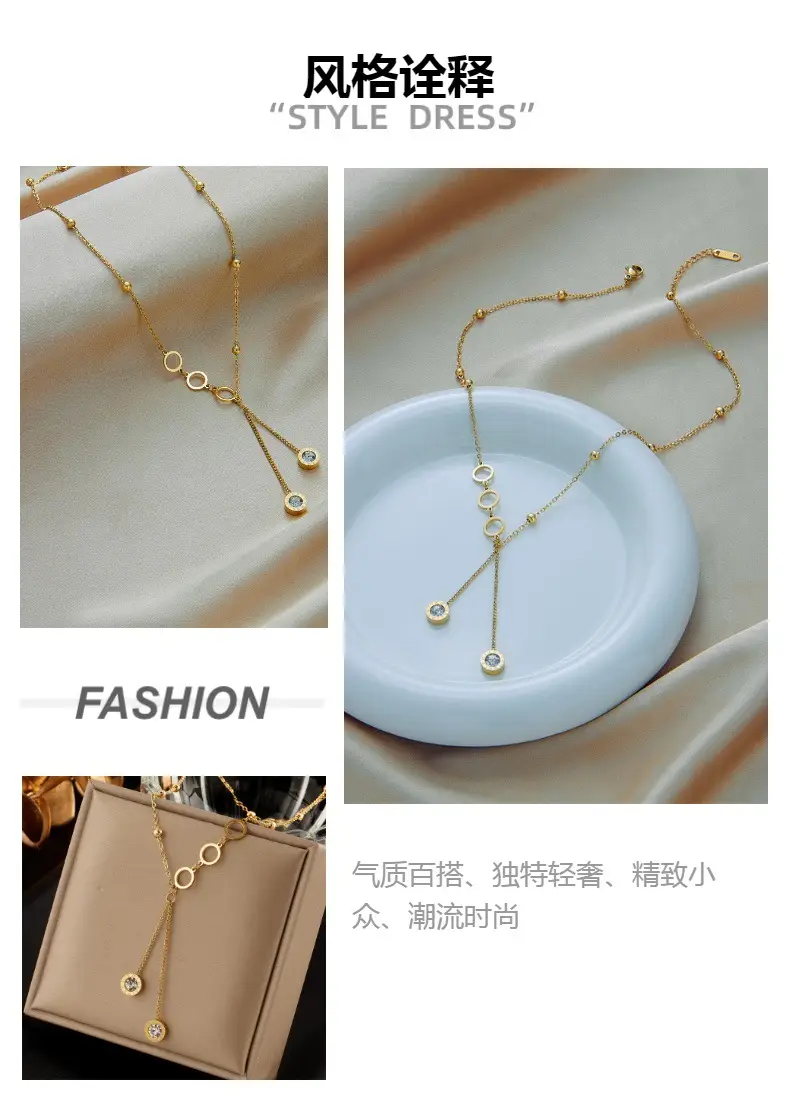 Golden Long Tassel Pendant Necklace with Diamond Embedded — feature 2