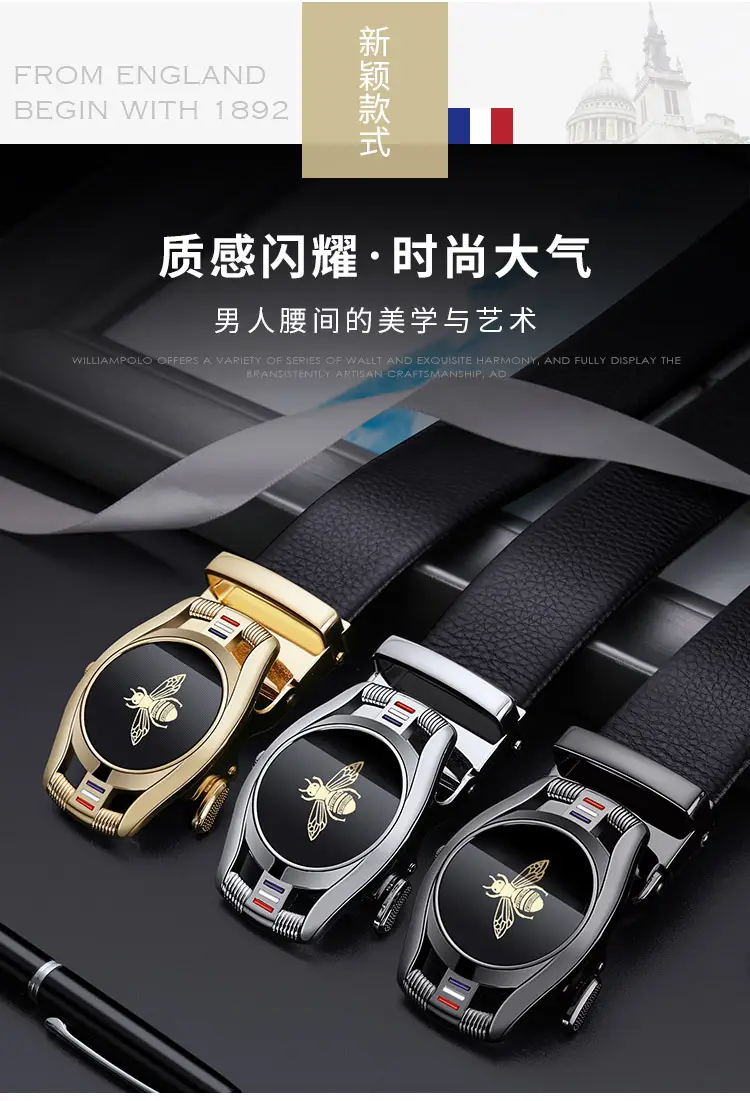 Men's Belt Automatic Buckle Leather Top Layer Cowhide Bee Design β feature 1