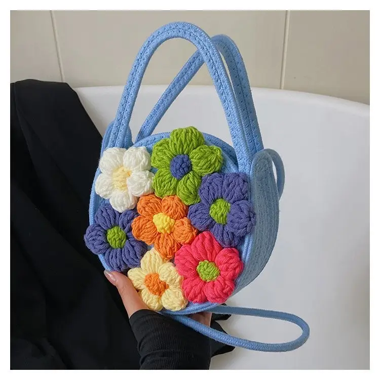 Women's Cotton Flower Bag Blue Shoulder Portable - Image 6