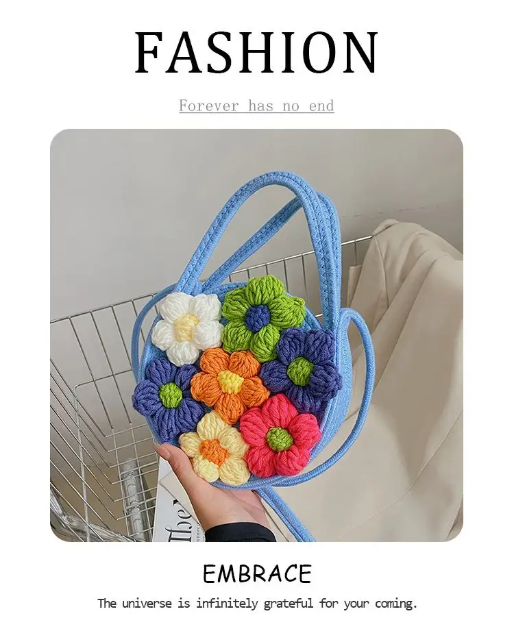 Women's Cotton Flower Bag Blue Shoulder Portable — feature 12