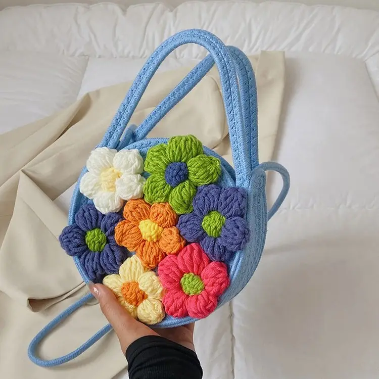 Women's Cotton Flower Bag Blue Shoulder Portable — feature 13