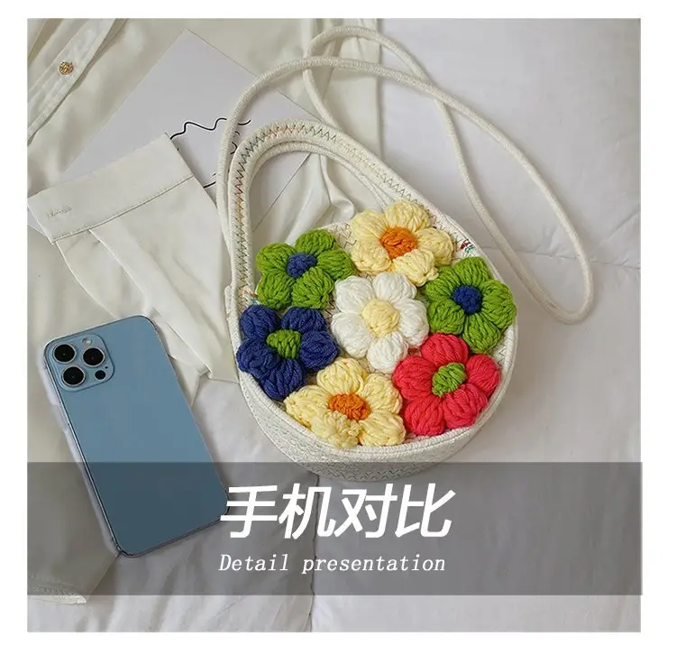 Women's Cotton Flower Bag Blue Shoulder Portable — feature 14