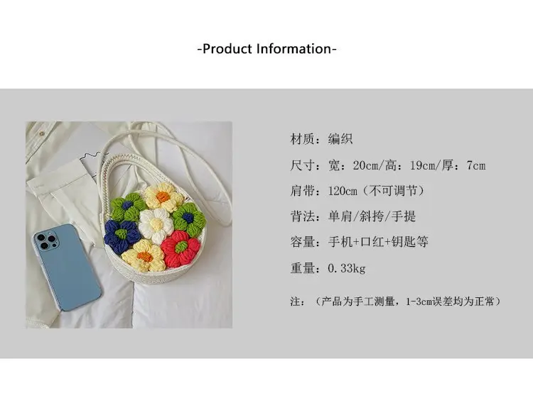 Women's Cotton Flower Bag Blue Shoulder Portable — feature 2