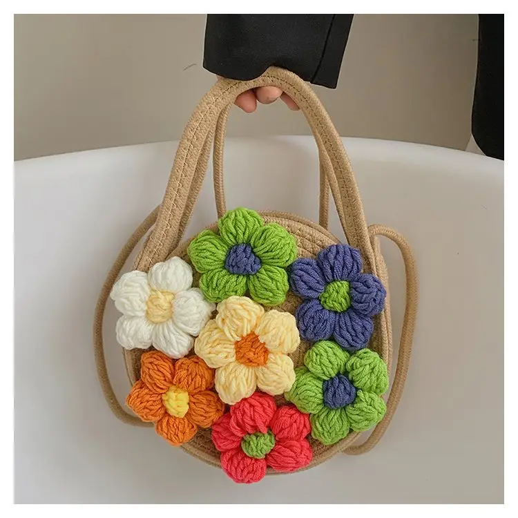 Women's Cotton Flower Bag Blue Shoulder Portable — feature 3
