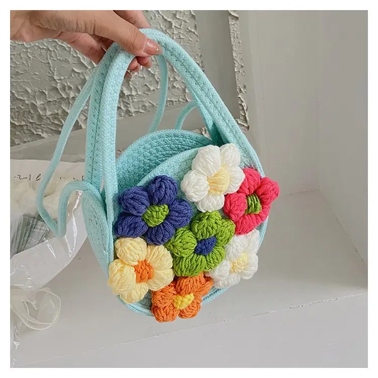 Women's Cotton Flower Bag Blue Shoulder Portable — feature 4