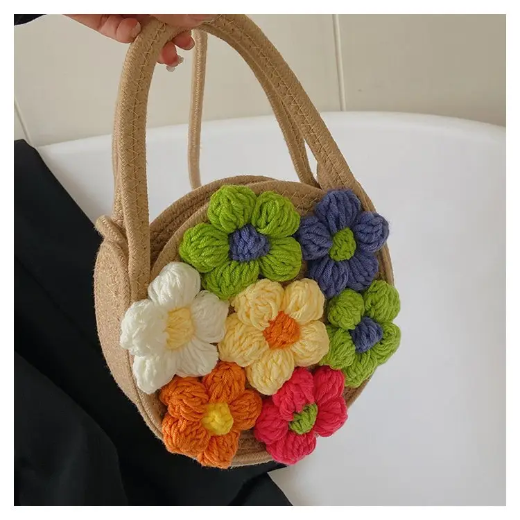 Women's Cotton Flower Bag Blue Shoulder Portable — feature 8