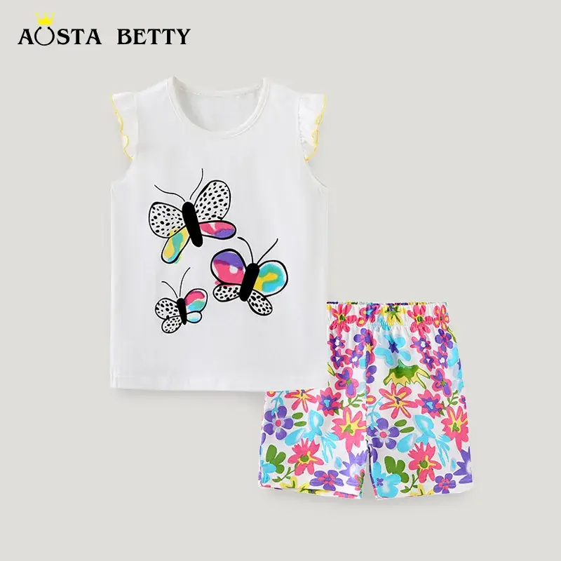 Summer girls suit European and American fashion cute printed children's short sleeve two-piece knitted cotton round neck T-shirt suit
