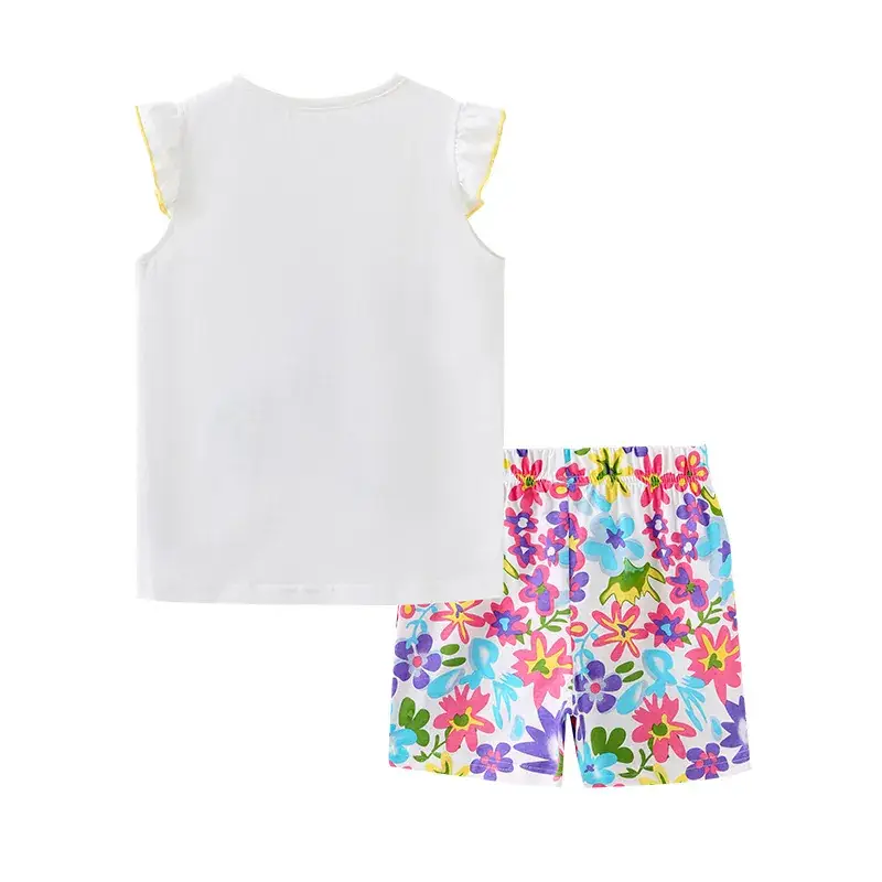 Summer girls suit European and American fashion cute printed children's short sleeve two-piece knitted cotton round neck T-shirt suit