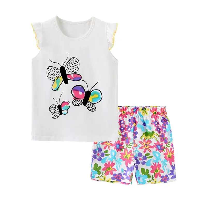 Summer girls suit European and American fashion cute printed children's short sleeve two-piece knitted cotton round neck T-shirt suit