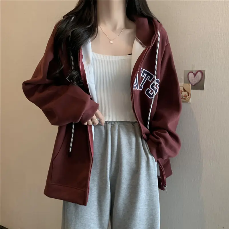 Women Maroon American Retro Zipper Hoodie Sweatshirt