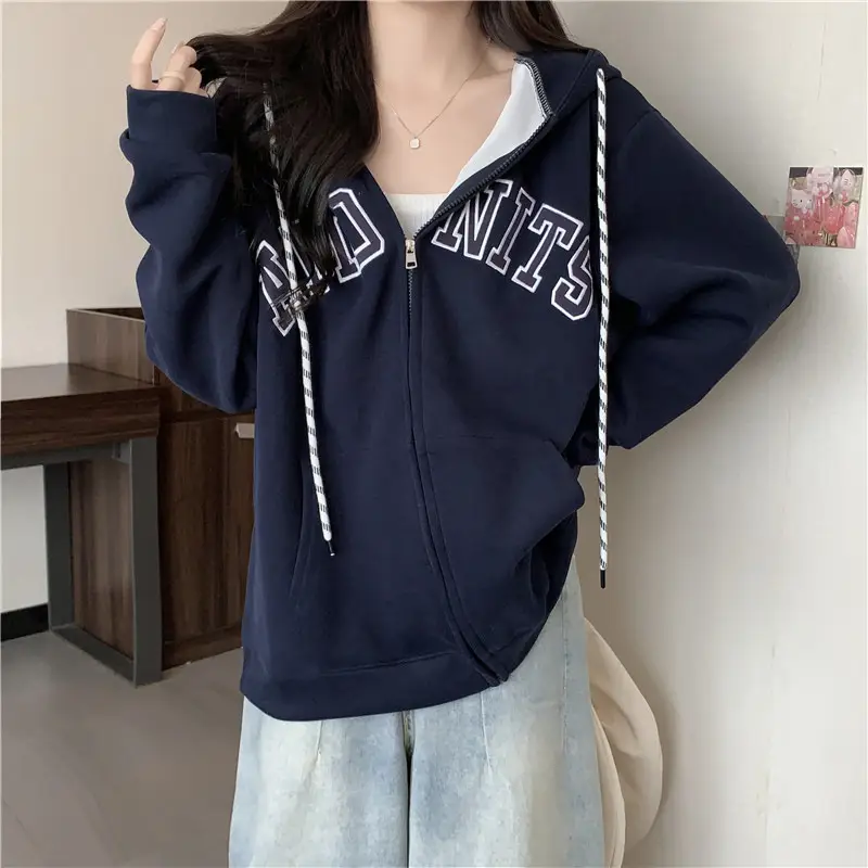 Women Maroon American Retro Zipper Hoodie Sweatshirt - Image 7