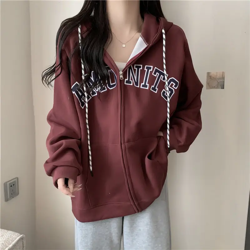 Women Maroon American Retro Zipper Hoodie Sweatshirt — feature 1