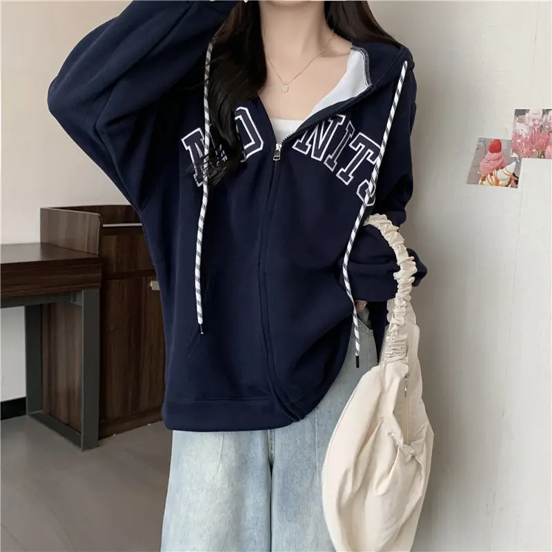 Women Maroon American Retro Zipper Hoodie Sweatshirt — feature 10