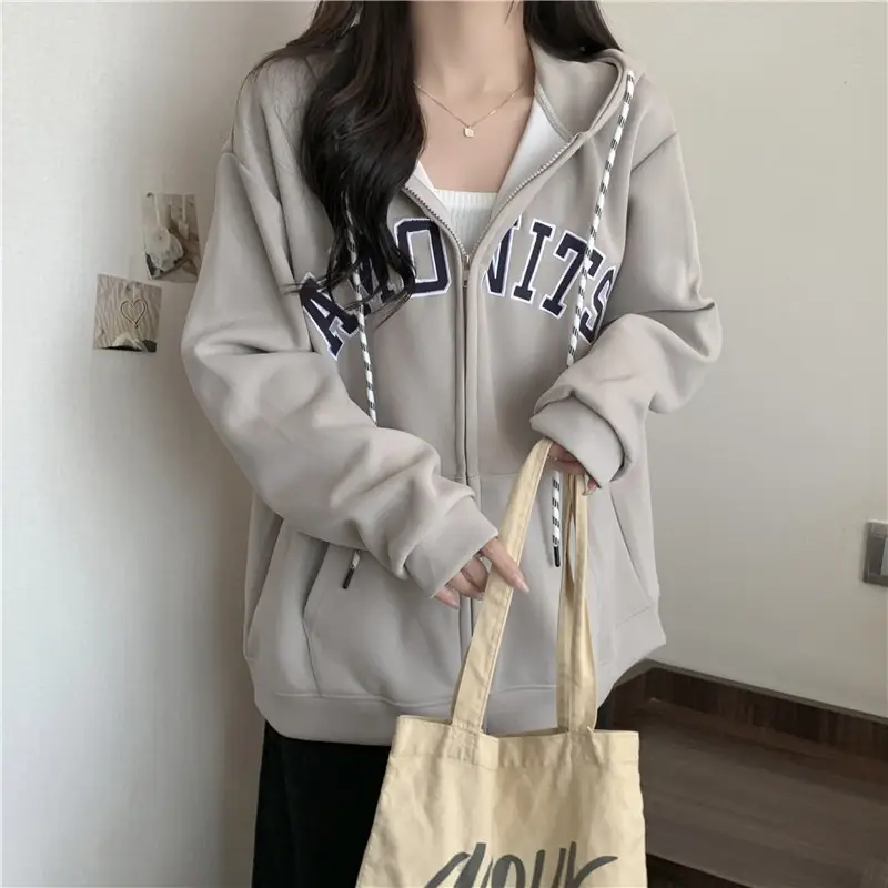 Women Maroon American Retro Zipper Hoodie Sweatshirt — feature 15